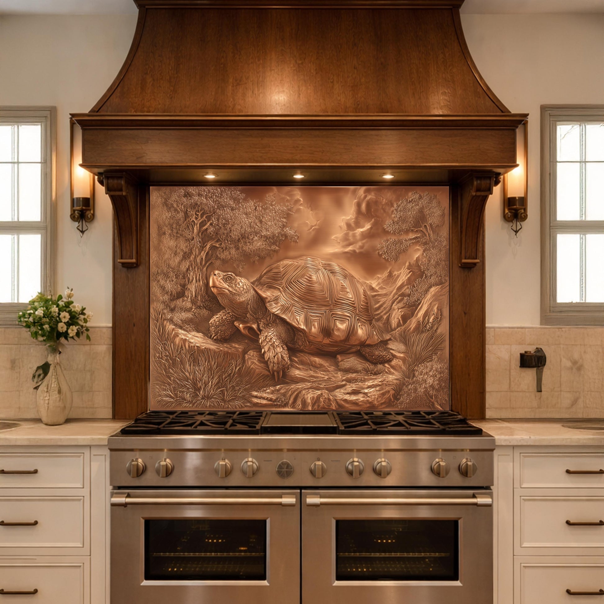 Ancient Tortoise in Nature Tempered Glass Backsplash, Copper Relief Look Wall Panel, Stove Guard