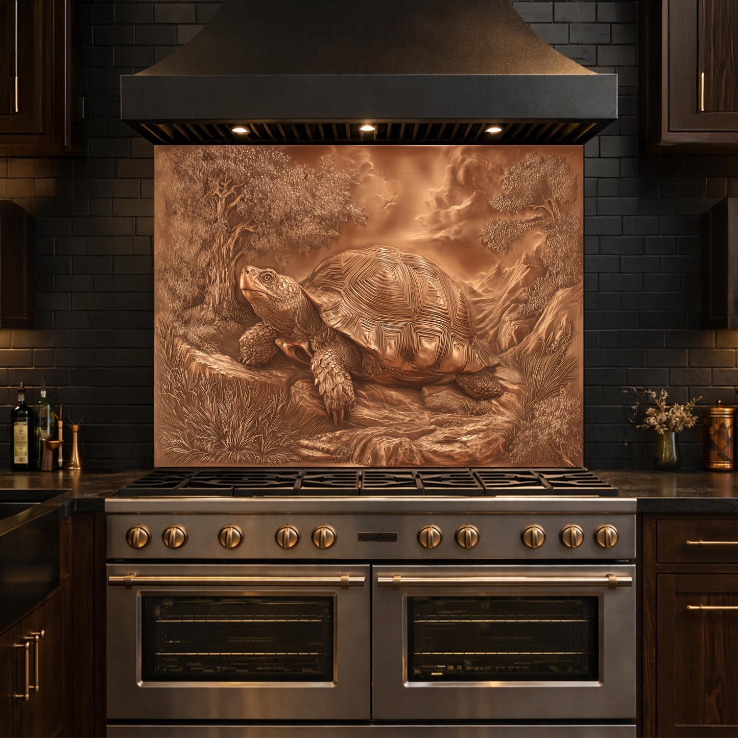 Ancient Tortoise in Nature Tempered Glass Backsplash, Copper Relief Look Wall Panel, Stove Guard