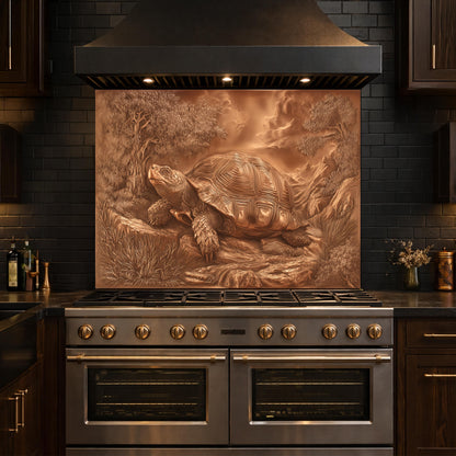 Ancient Tortoise in Nature Tempered Glass Backsplash, Copper Relief Look Wall Panel, Stove Guard