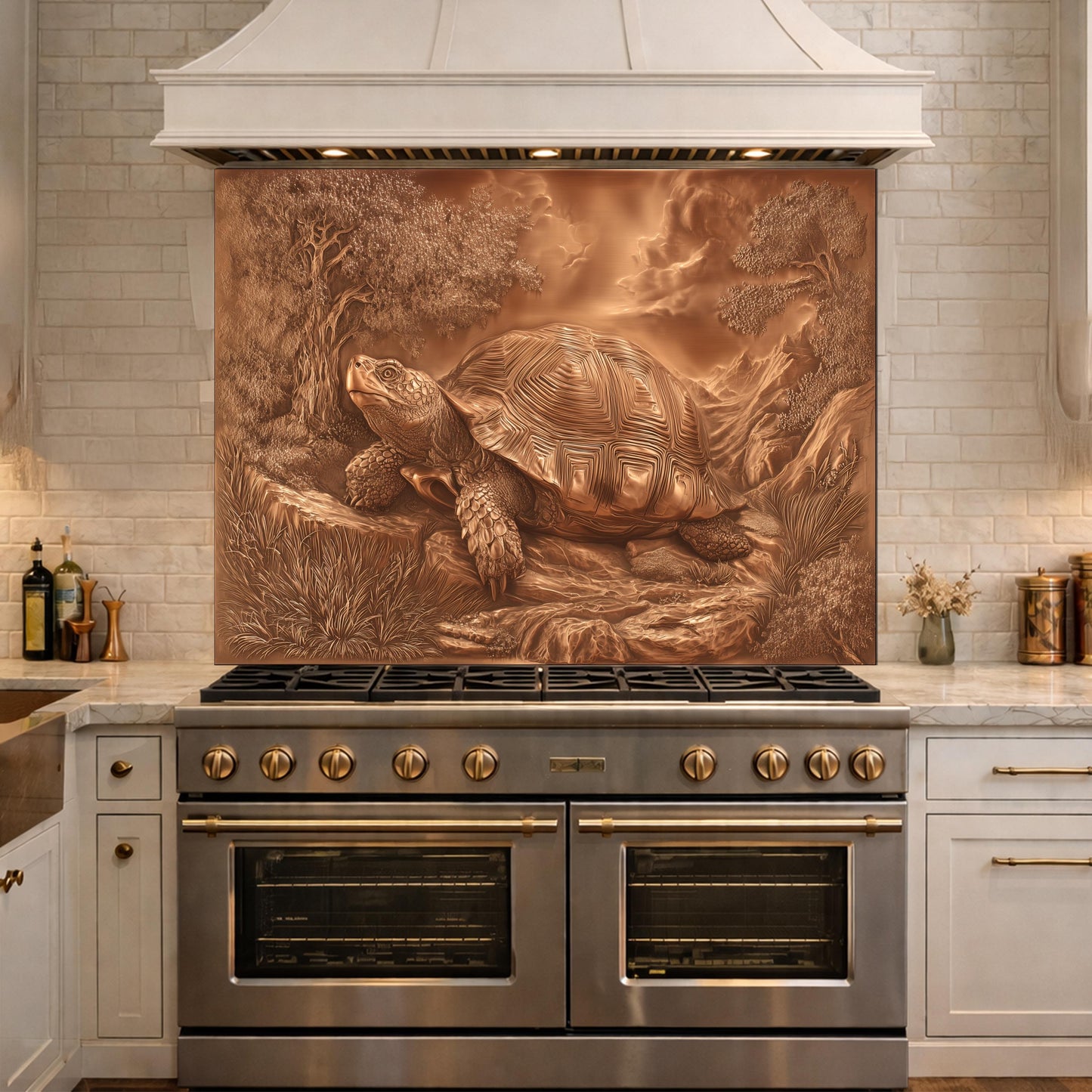 Ancient Tortoise in Nature Tempered Glass Backsplash, Copper Relief Look Wall Panel, Stove Guard