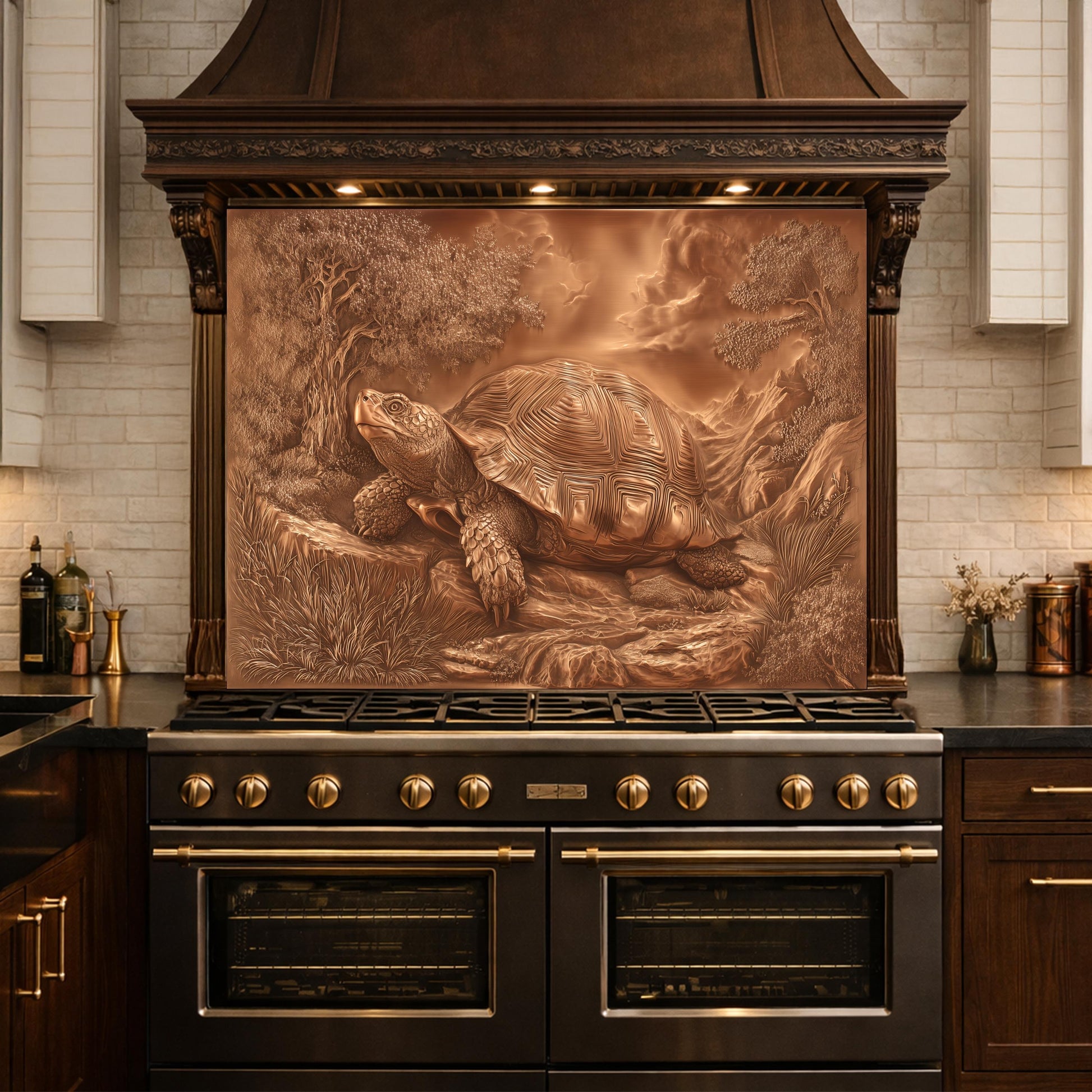 Ancient Tortoise in Nature Tempered Glass Backsplash, Copper Relief Look Wall Panel, Stove Guard
