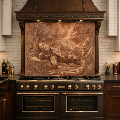 Ancient Tortoise in Nature Tempered Glass Backsplash, Copper Relief Look Wall Panel, Stove Guard