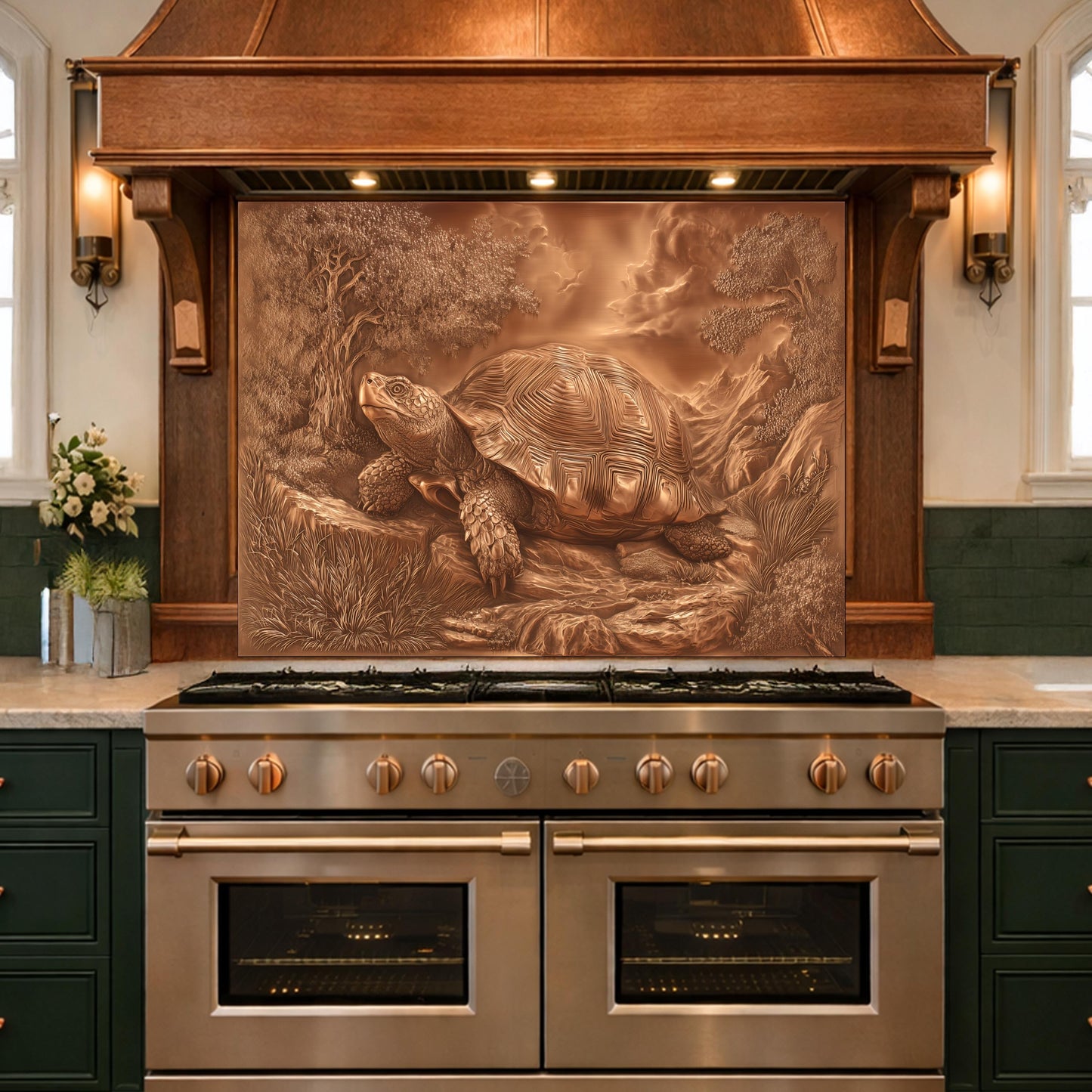 Ancient Tortoise in Nature Tempered Glass Backsplash, Copper Relief Look Wall Panel, Stove Guard