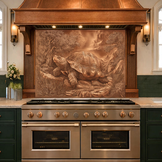 Ancient Tortoise in Nature Tempered Glass Backsplash, Copper Relief Look Wall Panel, Stove Guard