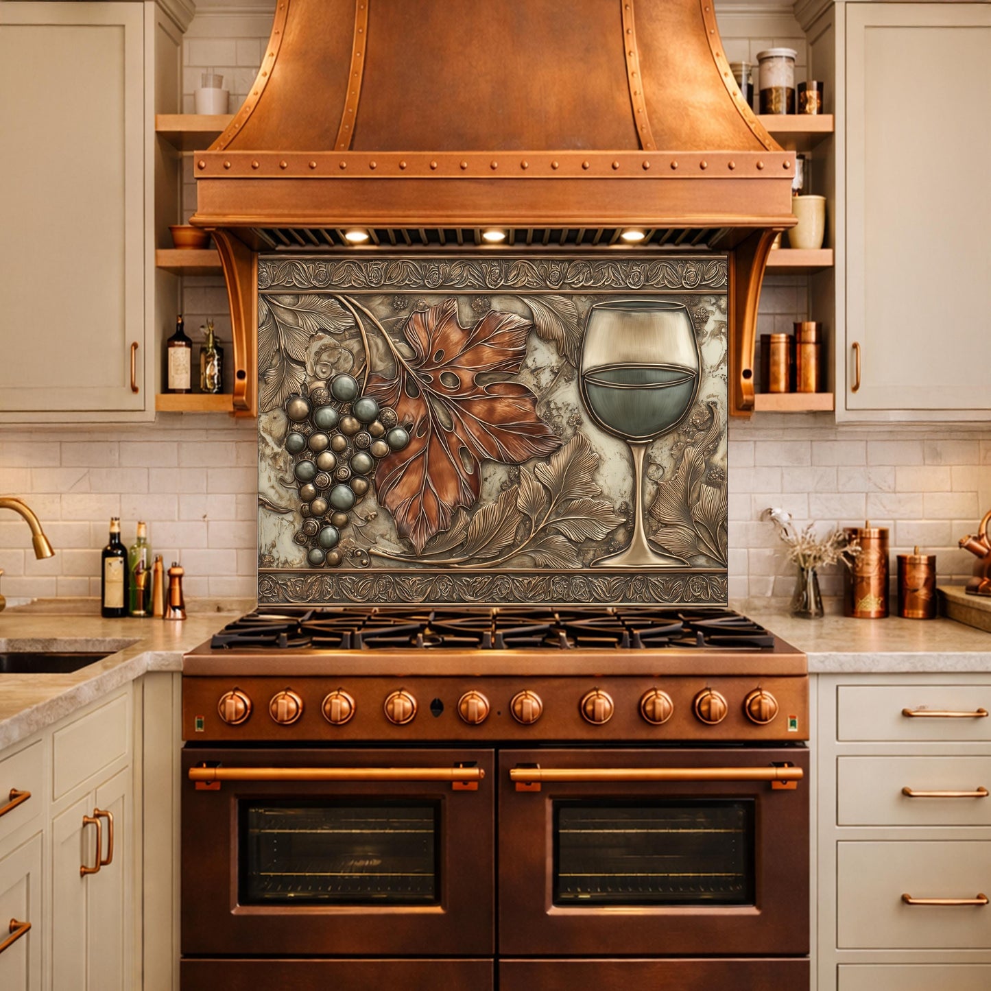 Red Wine & Grapes Tempered Glass Backsplash, Copper Relief Look Wall Panel, Stove Guard
