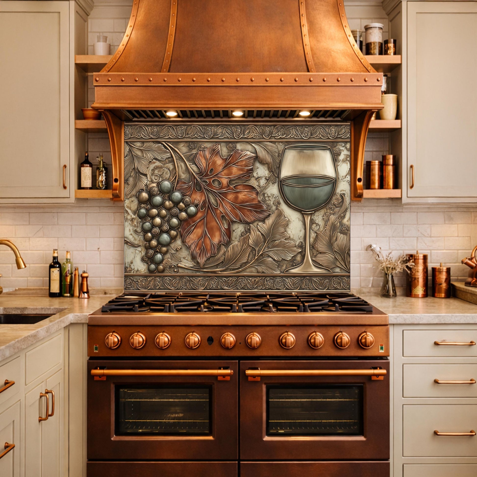 Red Wine & Grapes Tempered Glass Backsplash, Copper Relief Look Wall Panel, Stove Guard