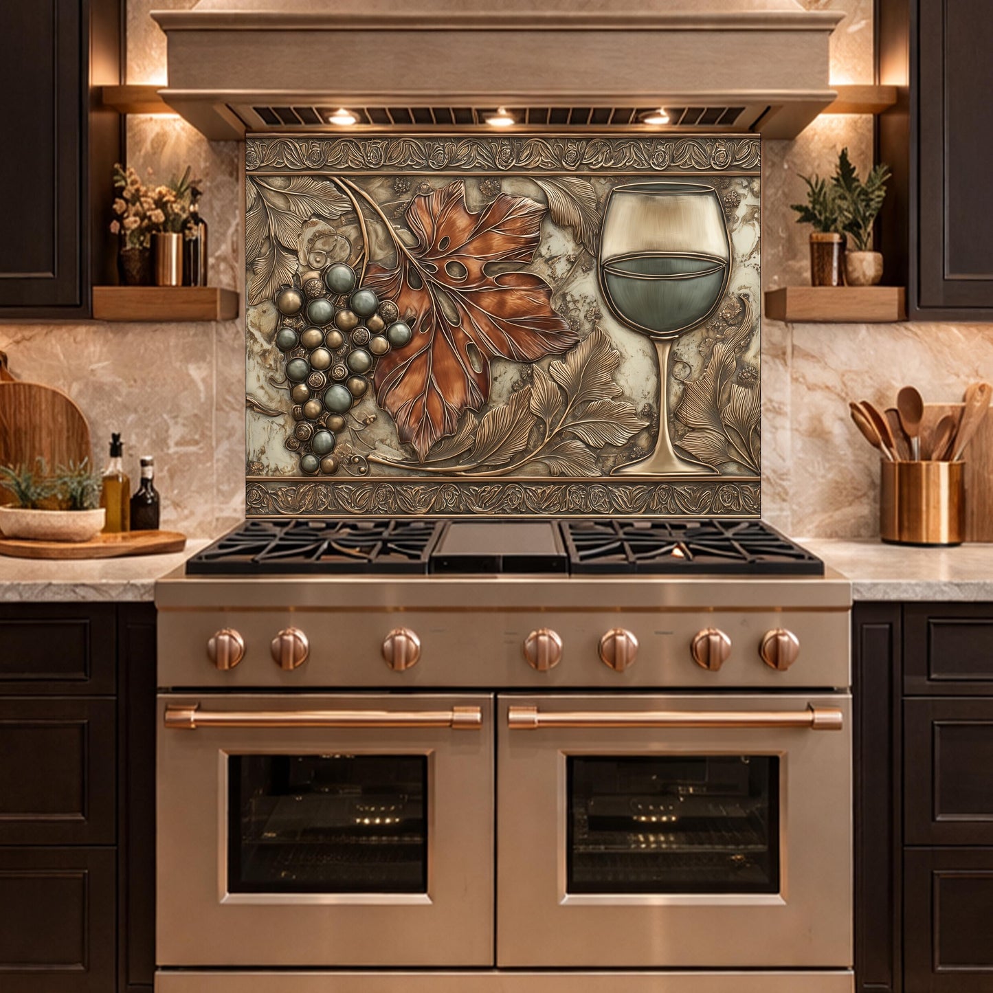 Red Wine & Grapes Tempered Glass Backsplash, Copper Relief Look Wall Panel, Stove Guard