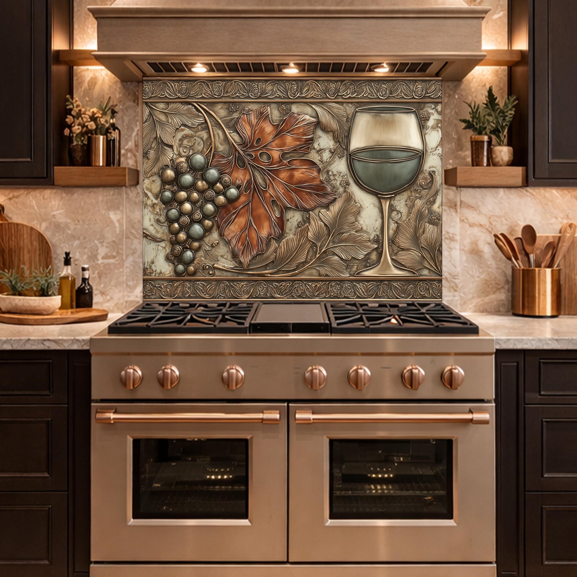 Red Wine & Grapes Tempered Glass Backsplash, Copper Relief Look Wall Panel, Stove Guard