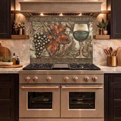 Red Wine & Grapes Tempered Glass Backsplash, Copper Relief Look Wall Panel, Stove Guard