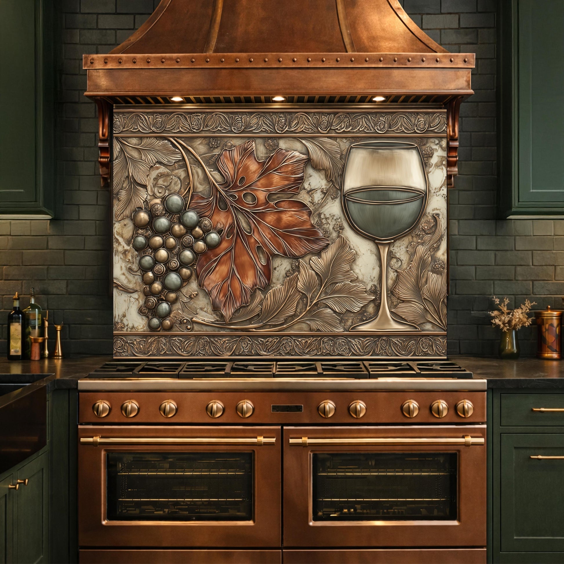 Red Wine & Grapes Tempered Glass Backsplash, Copper Relief Look Wall Panel, Stove Guard