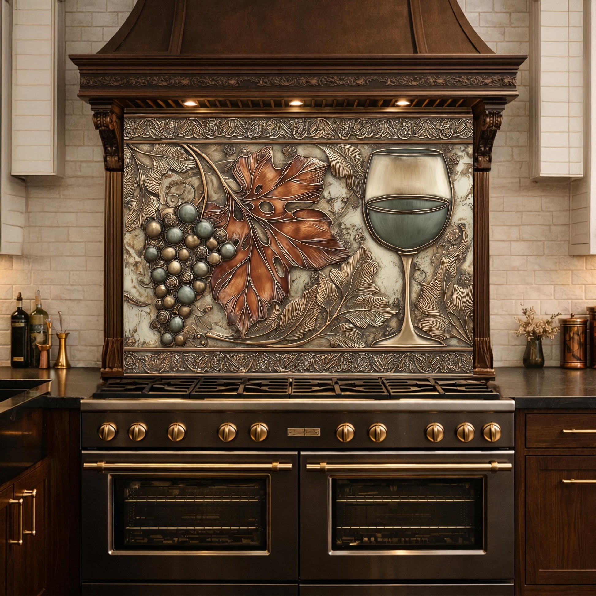Red Wine & Grapes Tempered Glass Backsplash, Copper Relief Look Wall Panel, Stove Guard