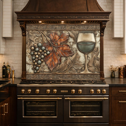 Red Wine & Grapes Tempered Glass Backsplash, Copper Relief Look Wall Panel, Stove Guard