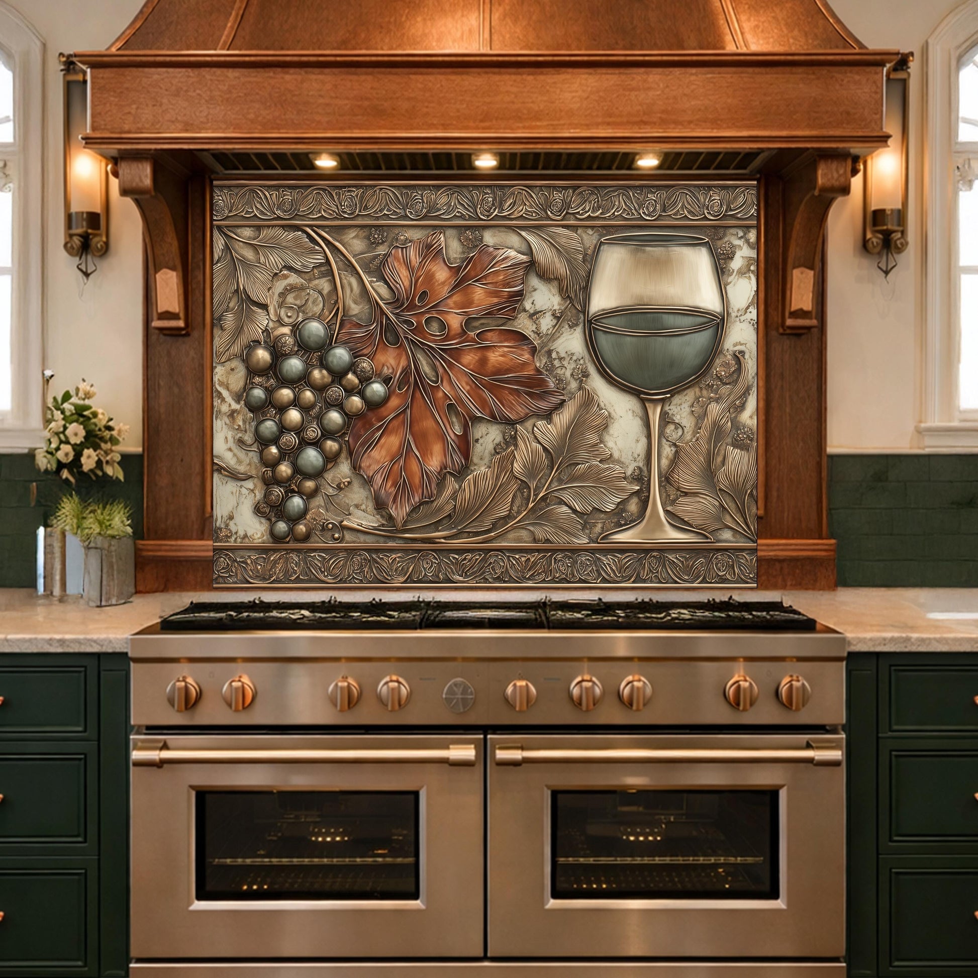 Red Wine & Grapes Tempered Glass Backsplash, Copper Relief Look Wall Panel, Stove Guard