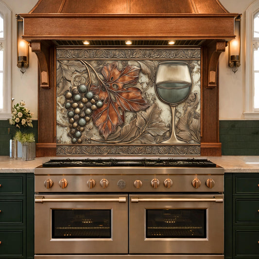 Red Wine & Grapes Tempered Glass Backsplash, Copper Relief Look Wall Panel, Stove Guard