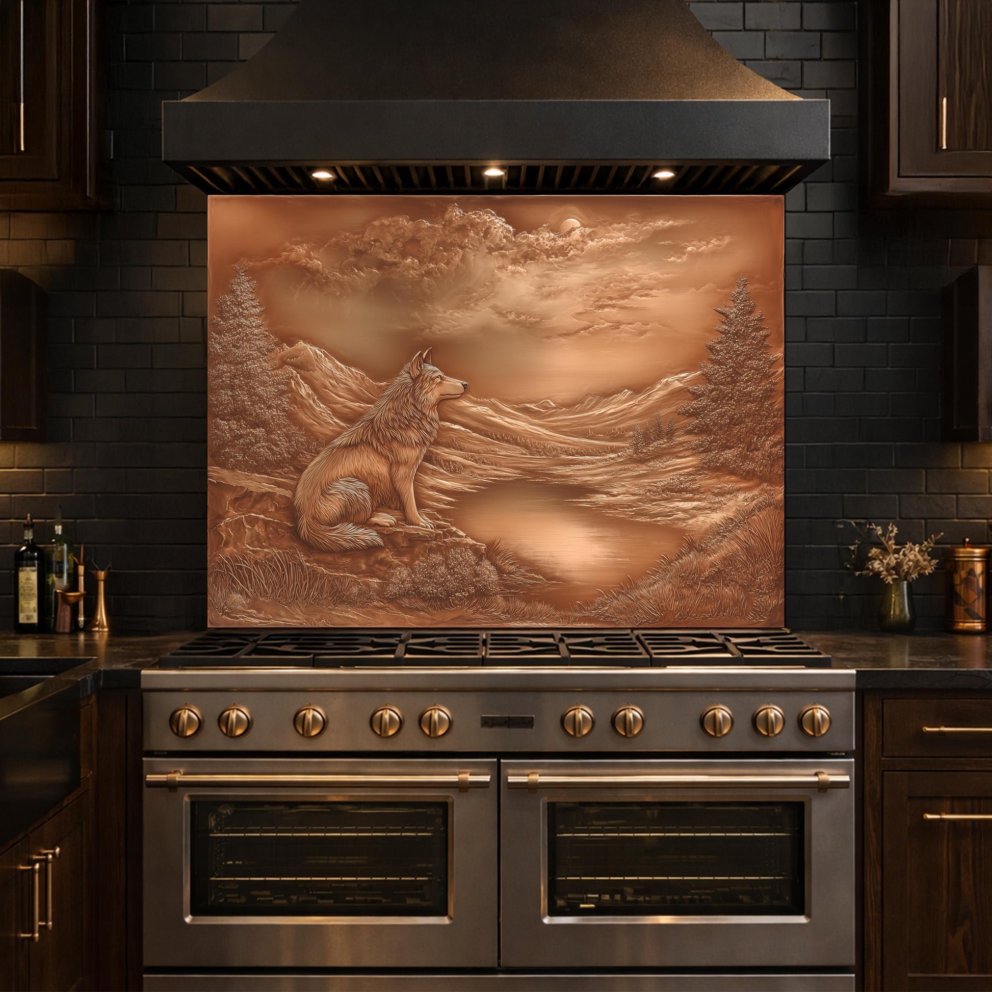 Noble Wolf Mountain Lake Tempered Glass Backsplash, Copper Relief Visual Effect Stove Guard