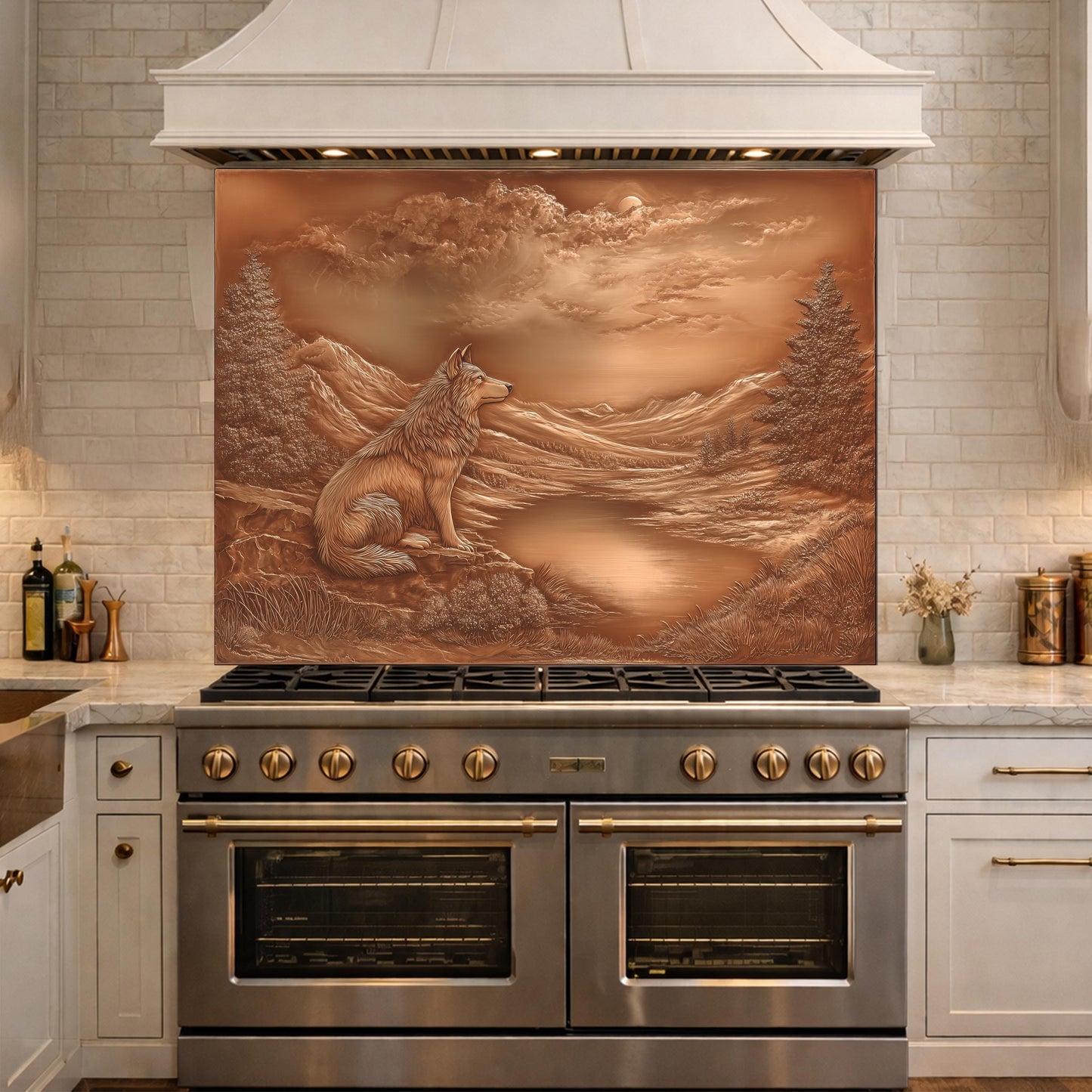 Noble Wolf Mountain Lake Tempered Glass Backsplash, Copper Relief Visual Effect Stove Guard