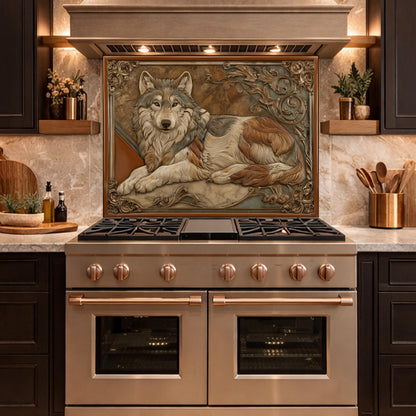Noble Wolf & Filigree Scroll Tempered Glass Backsplash, Copper Relief Look Wall Panel, Stove Guard