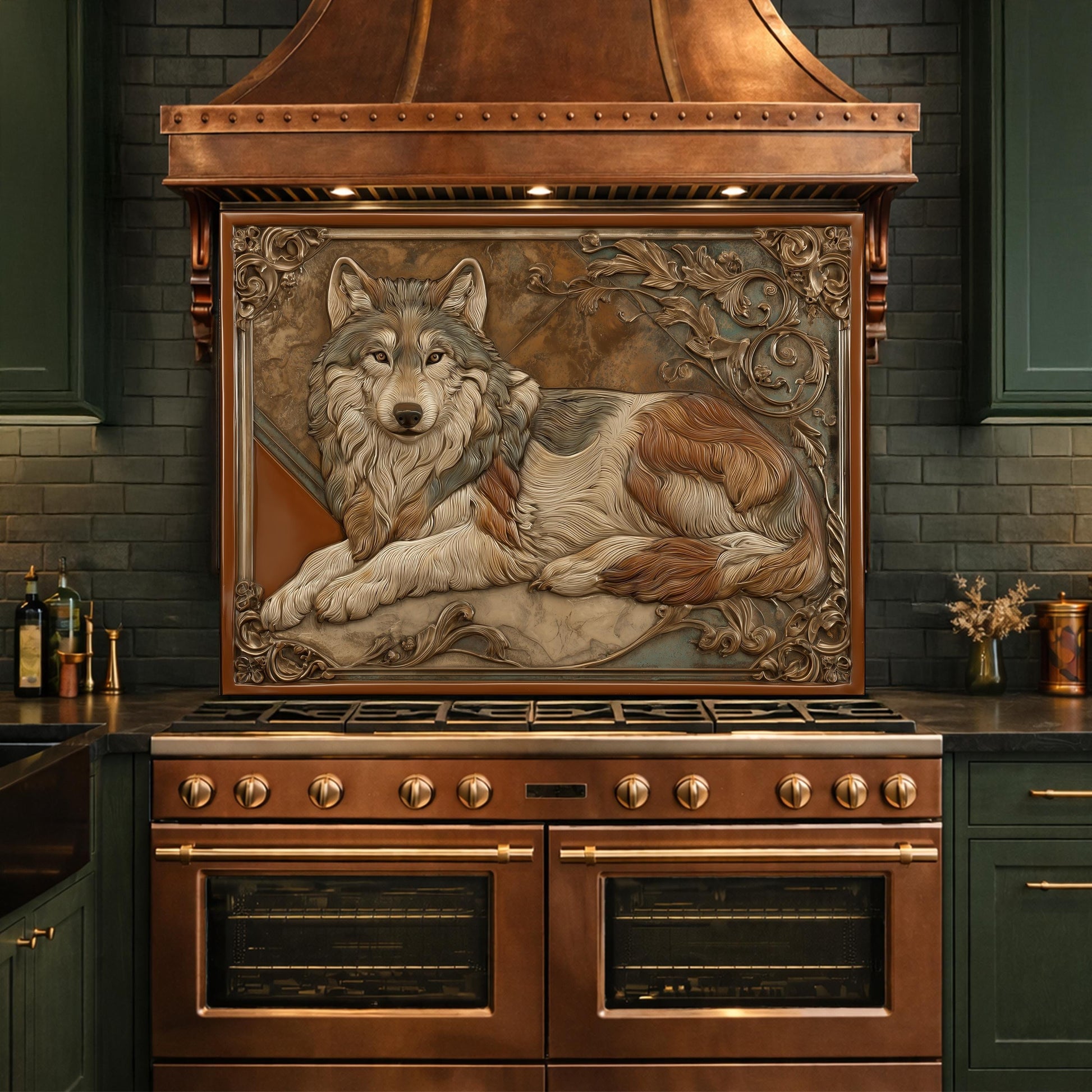 Noble Wolf & Filigree Scroll Tempered Glass Backsplash, Copper Relief Look Wall Panel, Stove Guard