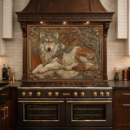 Noble Wolf & Filigree Scroll Tempered Glass Backsplash, Copper Relief Look Wall Panel, Stove Guard