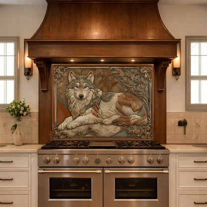 Noble Wolf & Filigree Scroll Tempered Glass Backsplash, Copper Relief Look Wall Panel, Stove Guard