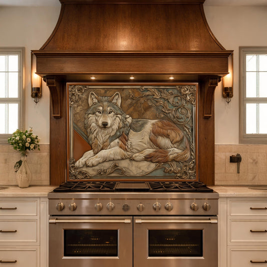 Noble Wolf & Filigree Scroll Tempered Glass Backsplash, Copper Relief Look Wall Panel, Stove Guard