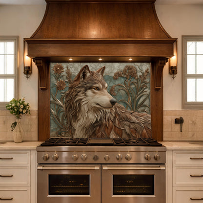 Noble Wolf & Botanical Wildflowers Tempered Glass Backsplash, Copper Relief Look Wall Panel, Stove Guard