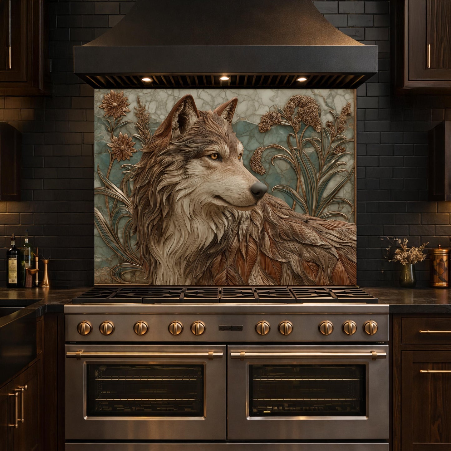 Noble Wolf & Botanical Wildflowers Tempered Glass Backsplash, Copper Relief Look Wall Panel, Stove Guard