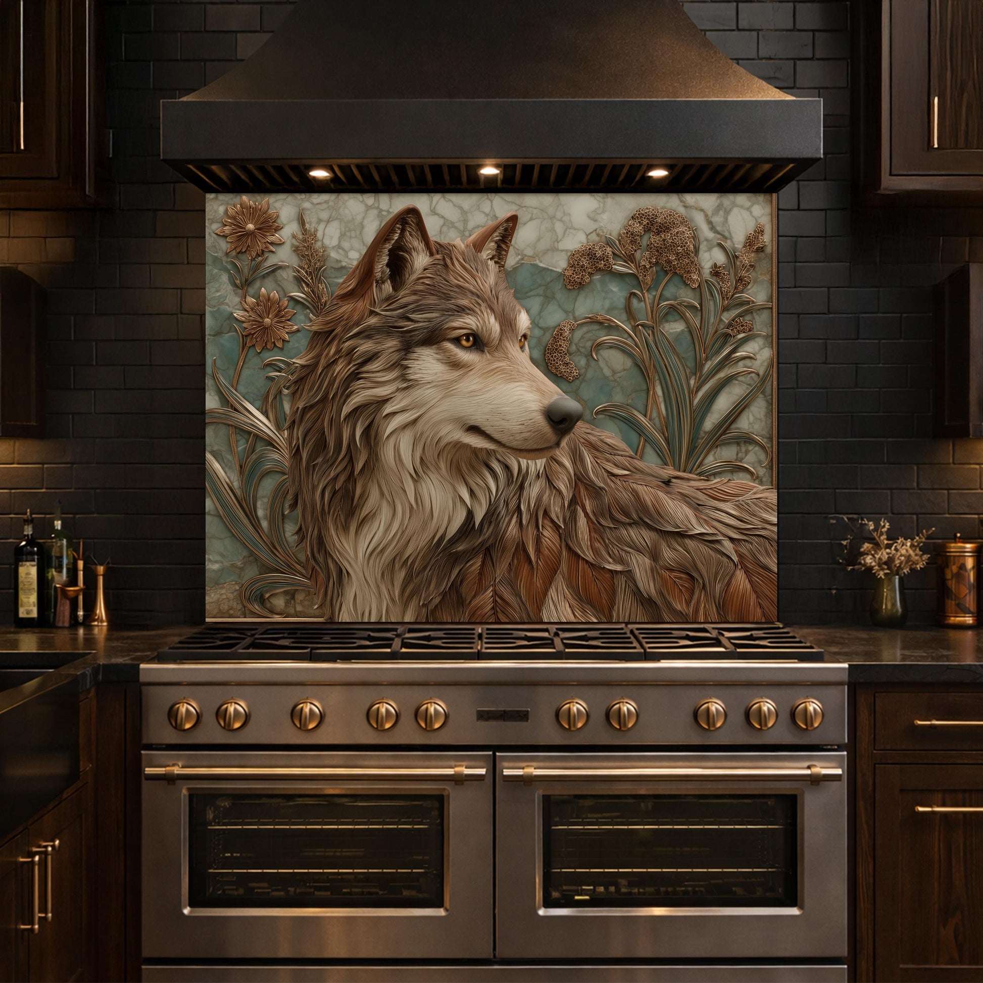 Noble Wolf & Botanical Wildflowers Tempered Glass Backsplash, Copper Relief Look Wall Panel, Stove Guard