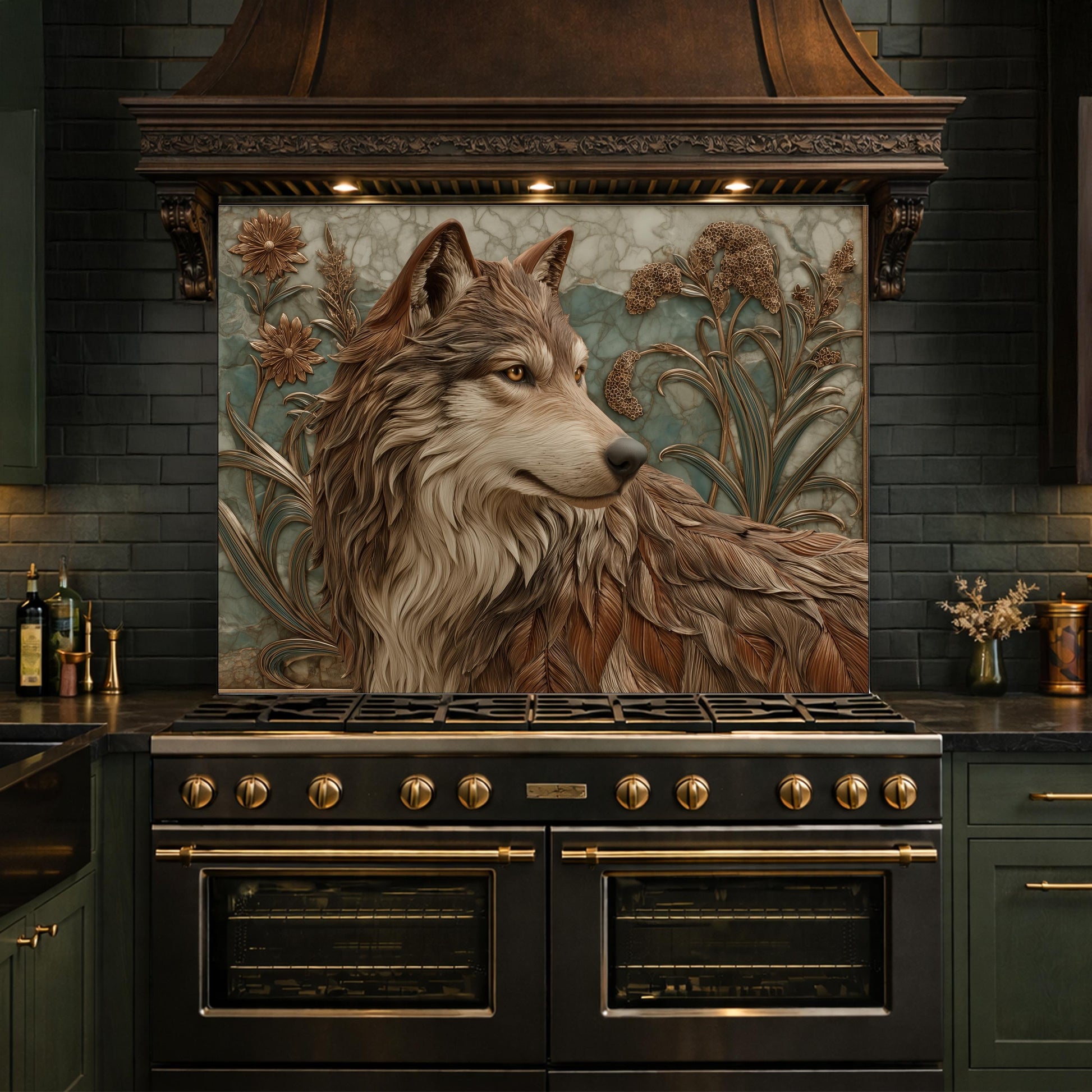Noble Wolf & Botanical Wildflowers Tempered Glass Backsplash, Copper Relief Look Wall Panel, Stove Guard