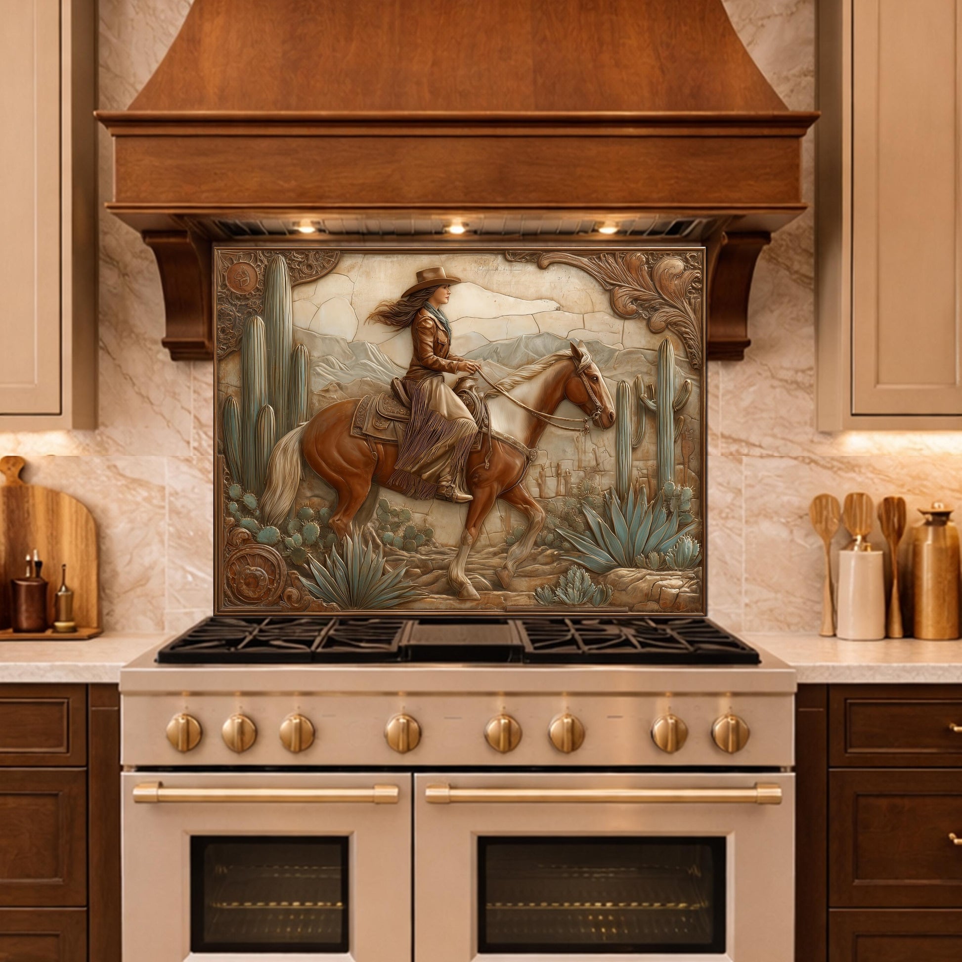 Desert Cowgirl & Horse Tempered Glass Backsplash, Copper Relief Look Wall Panel, Stove Guard