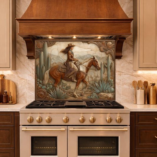 Desert Cowgirl & Horse Tempered Glass Backsplash, Copper Relief Look Wall Panel, Stove Guard