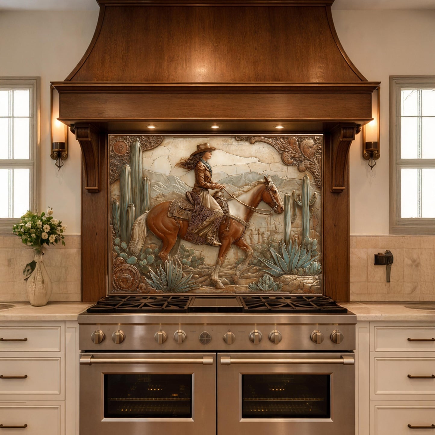 Desert Cowgirl & Horse Tempered Glass Backsplash, Copper Relief Look Wall Panel, Stove Guard