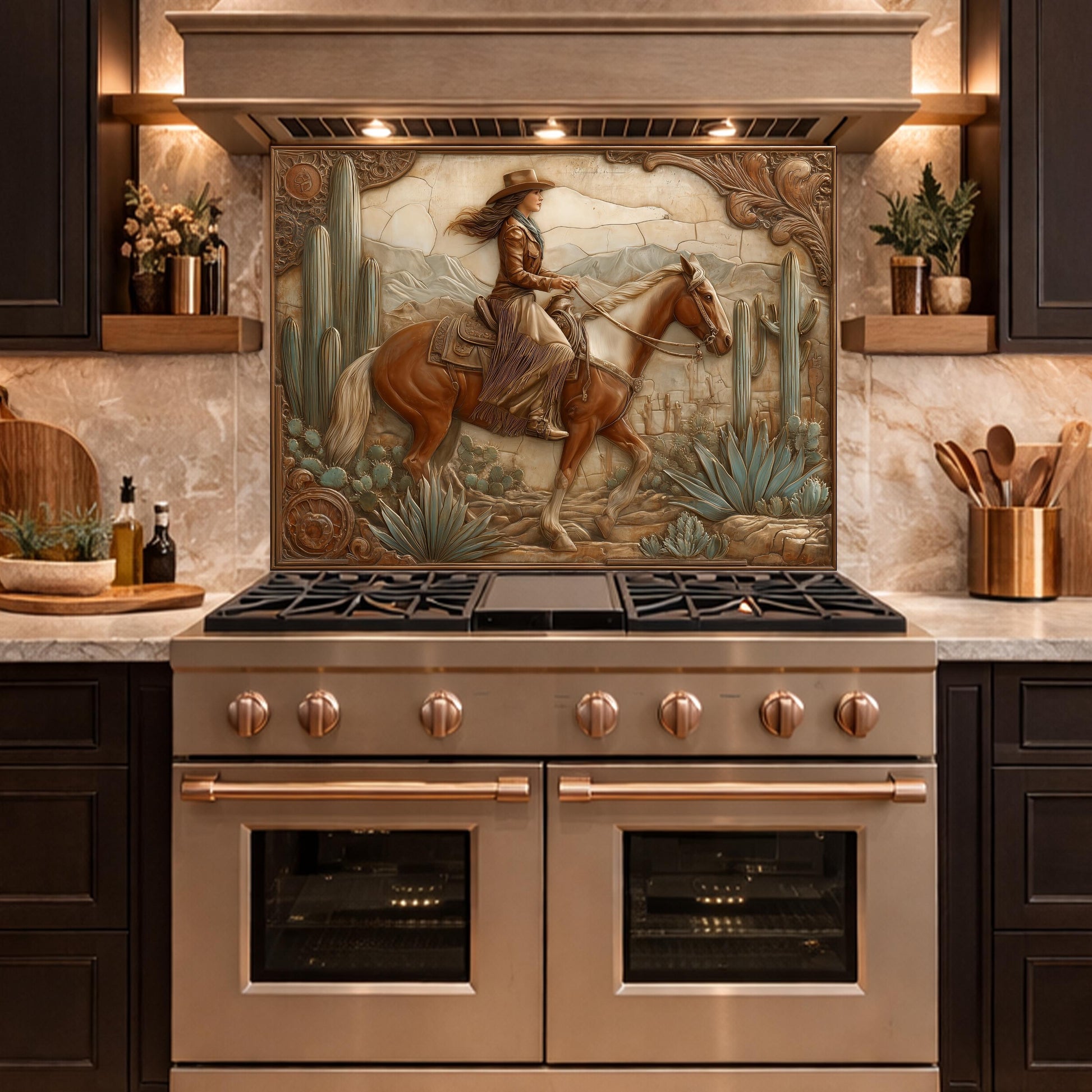 Desert Cowgirl & Horse Tempered Glass Backsplash, Copper Relief Look Wall Panel, Stove Guard