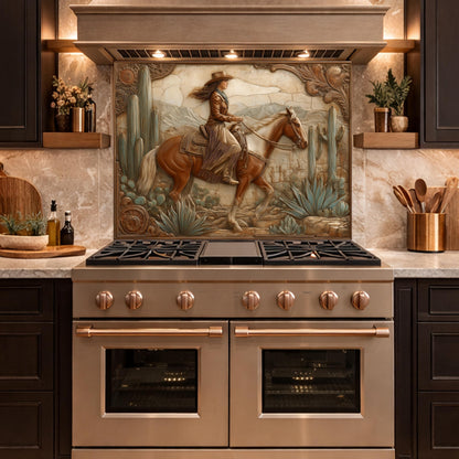 Desert Cowgirl & Horse Tempered Glass Backsplash, Copper Relief Look Wall Panel, Stove Guard