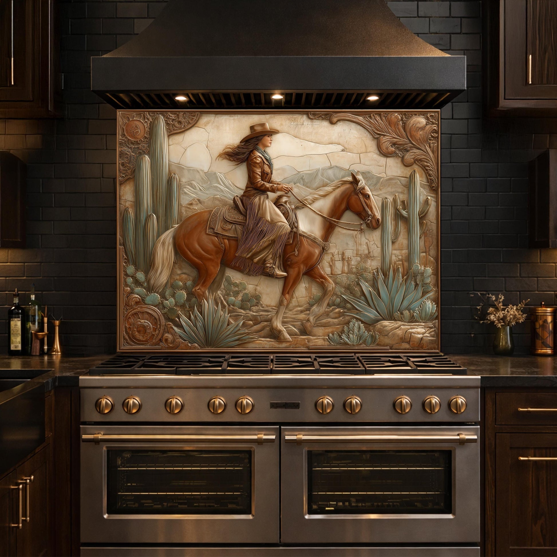 Desert Cowgirl & Horse Tempered Glass Backsplash, Copper Relief Look Wall Panel, Stove Guard