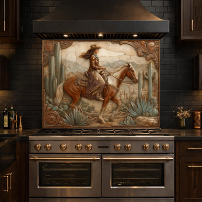Desert Cowgirl & Horse Tempered Glass Backsplash, Copper Relief Look Wall Panel, Stove Guard