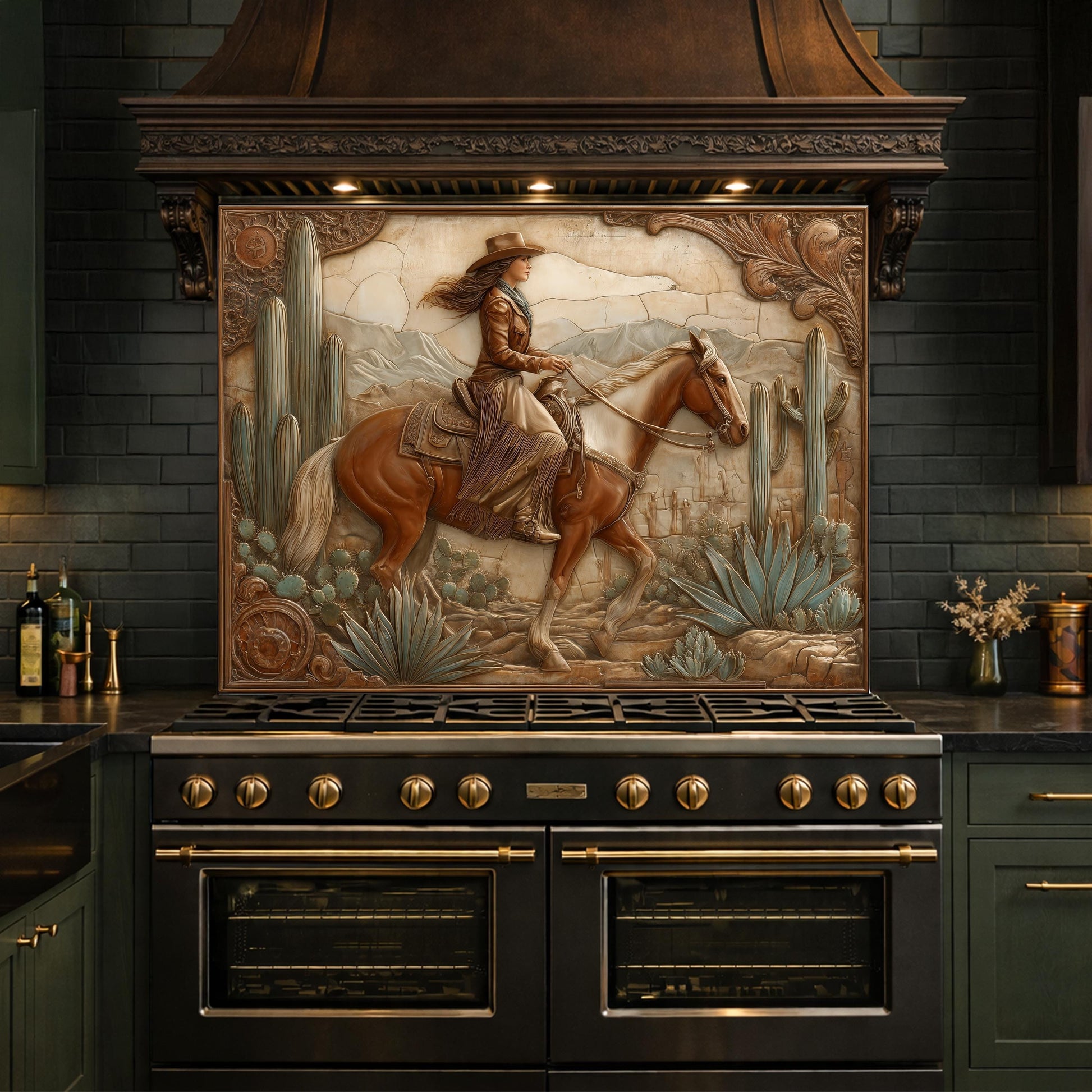 Desert Cowgirl & Horse Tempered Glass Backsplash, Copper Relief Look Wall Panel, Stove Guard