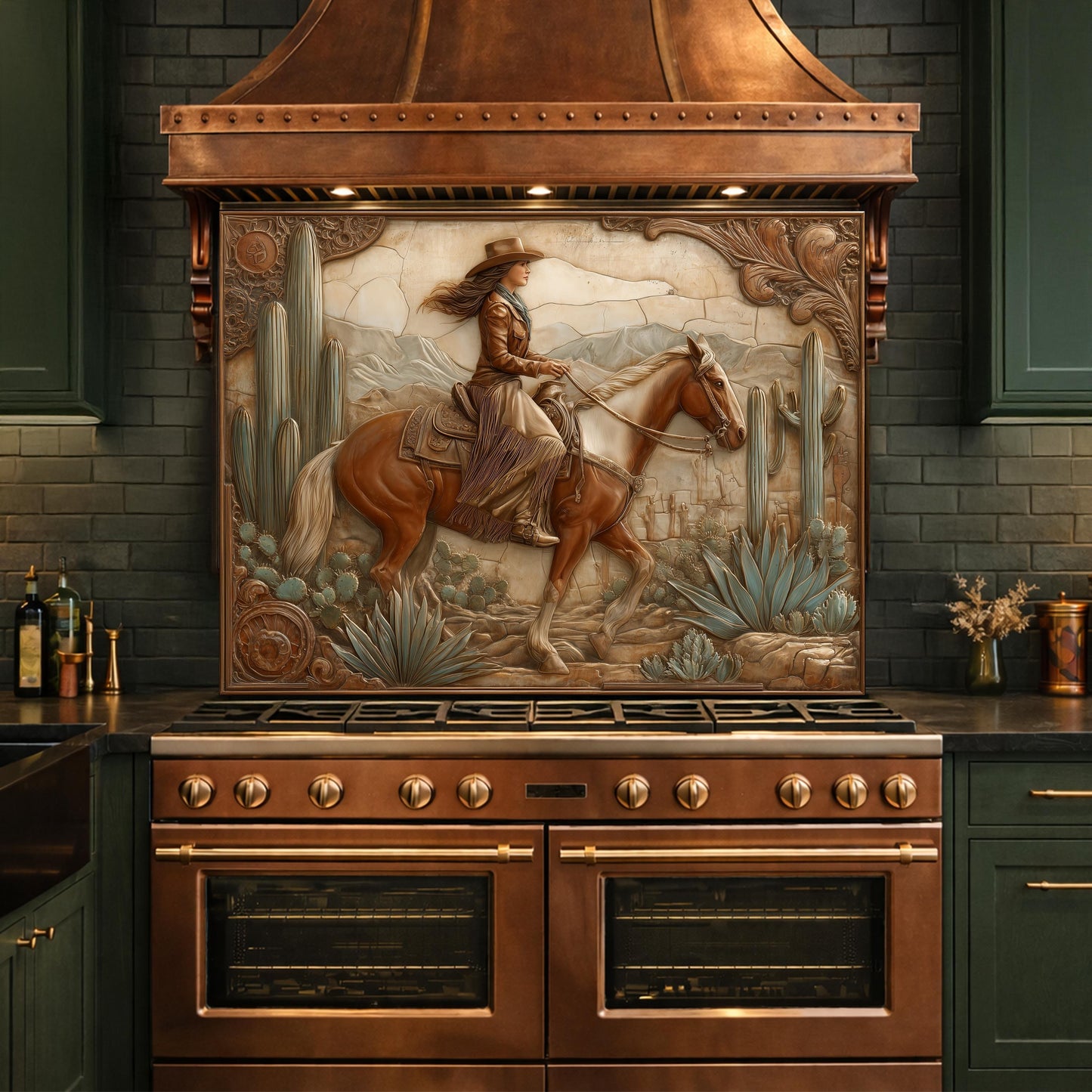 Desert Cowgirl & Horse Tempered Glass Backsplash, Copper Relief Look Wall Panel, Stove Guard