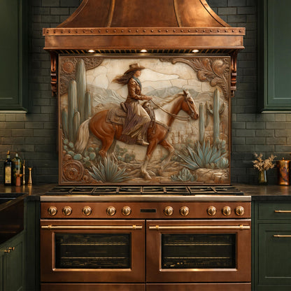 Desert Cowgirl & Horse Tempered Glass Backsplash, Copper Relief Look Wall Panel, Stove Guard