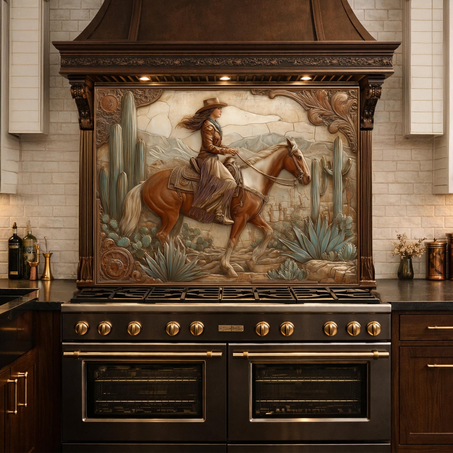 Desert Cowgirl & Horse Tempered Glass Backsplash, Copper Relief Look Wall Panel, Stove Guard