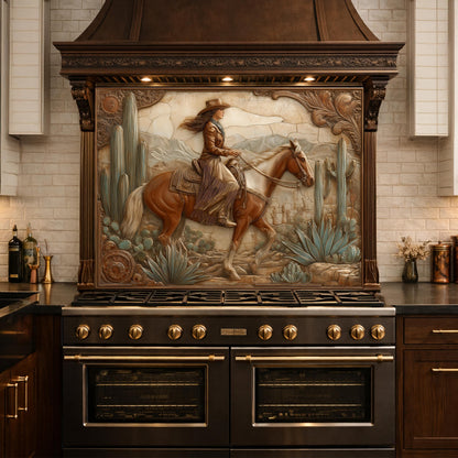Desert Cowgirl & Horse Tempered Glass Backsplash, Copper Relief Look Wall Panel, Stove Guard