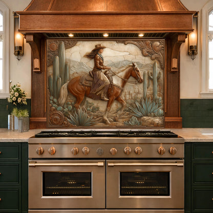 Desert Cowgirl & Horse Tempered Glass Backsplash, Copper Relief Look Wall Panel, Stove Guard