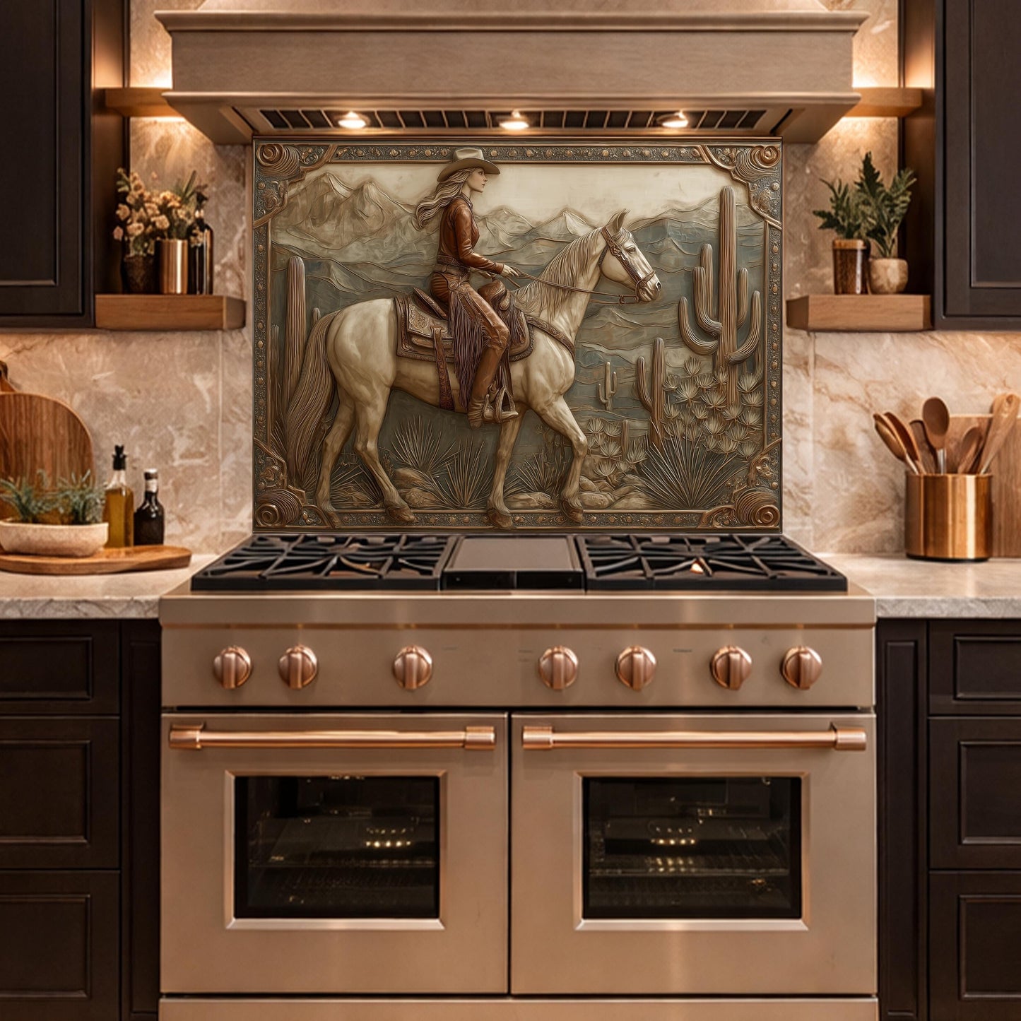 Desert Horse & Cowgirl Tempered Glass Backsplash, Copper Relief Look Wall Panel, Stove Guard