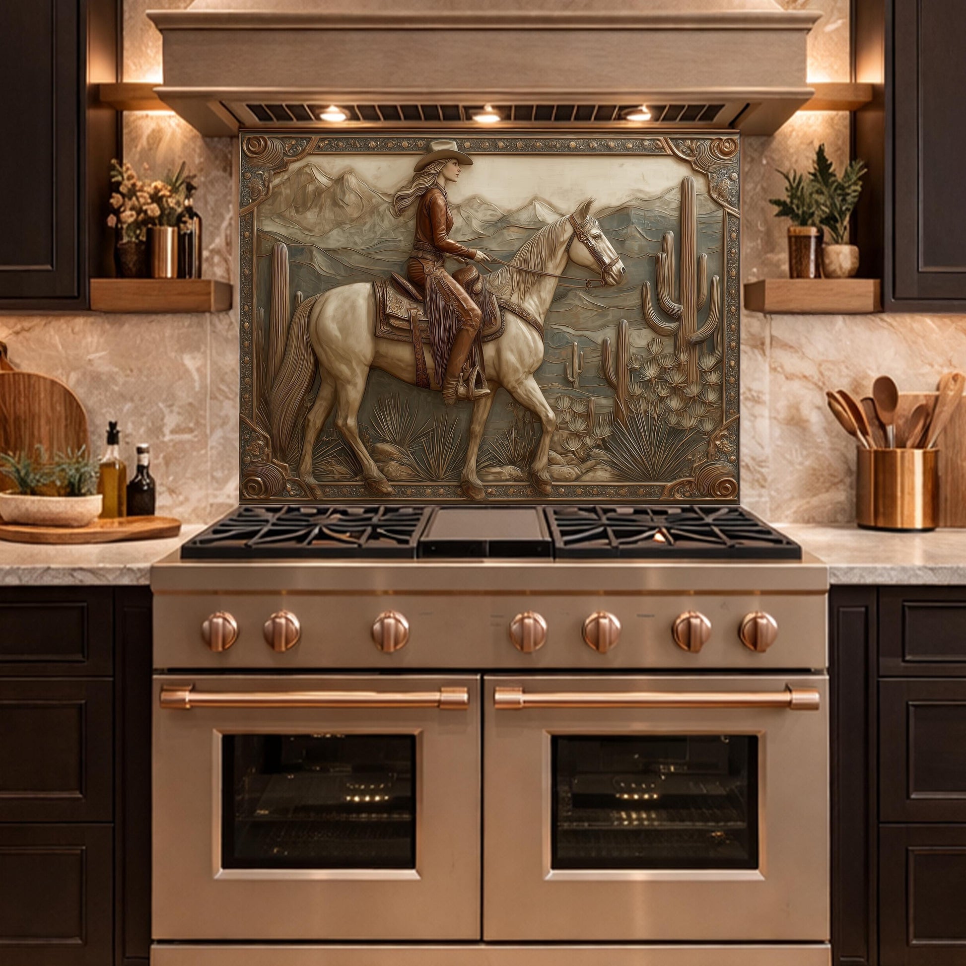 Desert Horse & Cowgirl Tempered Glass Backsplash, Copper Relief Look Wall Panel, Stove Guard