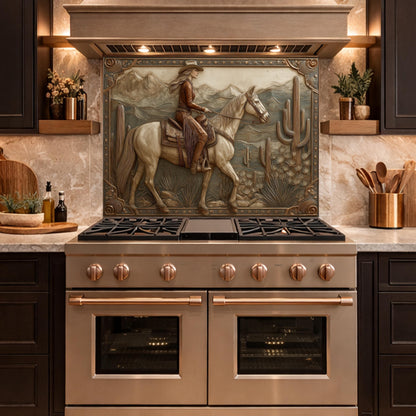 Desert Horse & Cowgirl Tempered Glass Backsplash, Copper Relief Look Wall Panel, Stove Guard