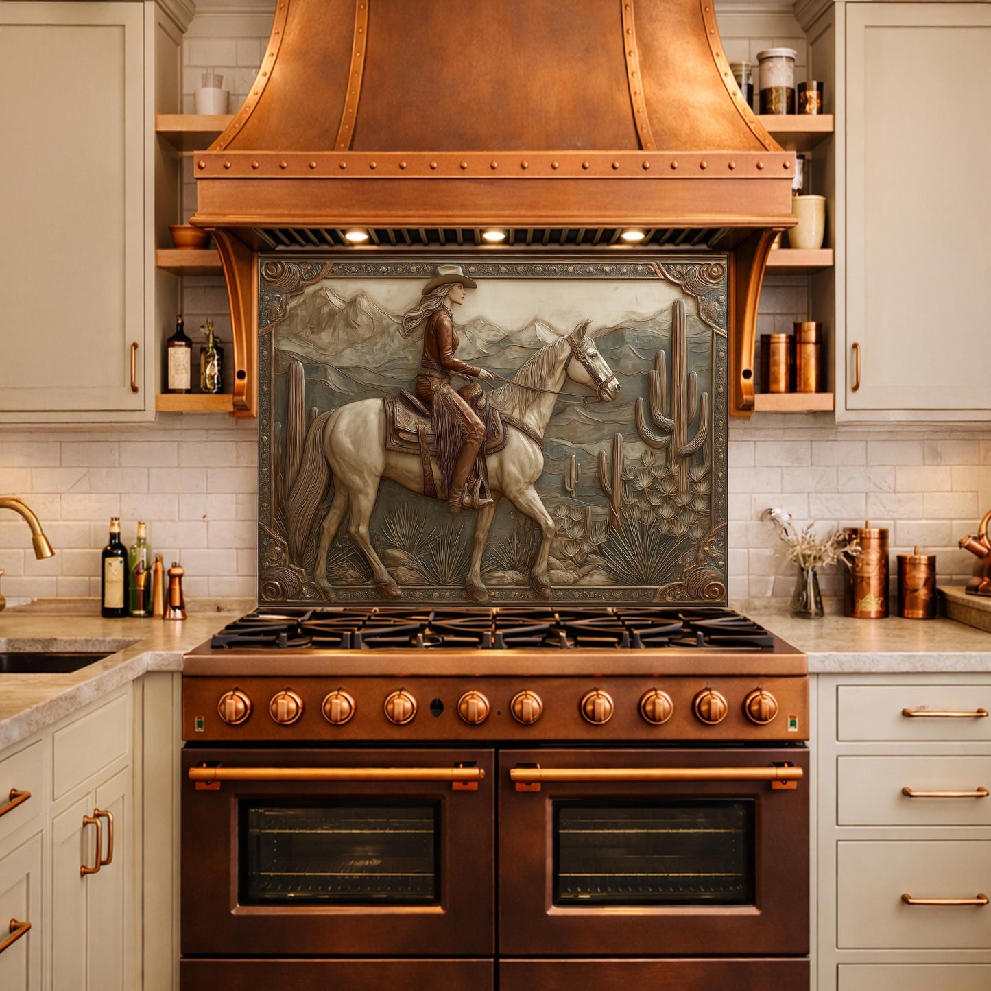 Desert Horse & Cowgirl Tempered Glass Backsplash, Copper Relief Look Wall Panel, Stove Guard
