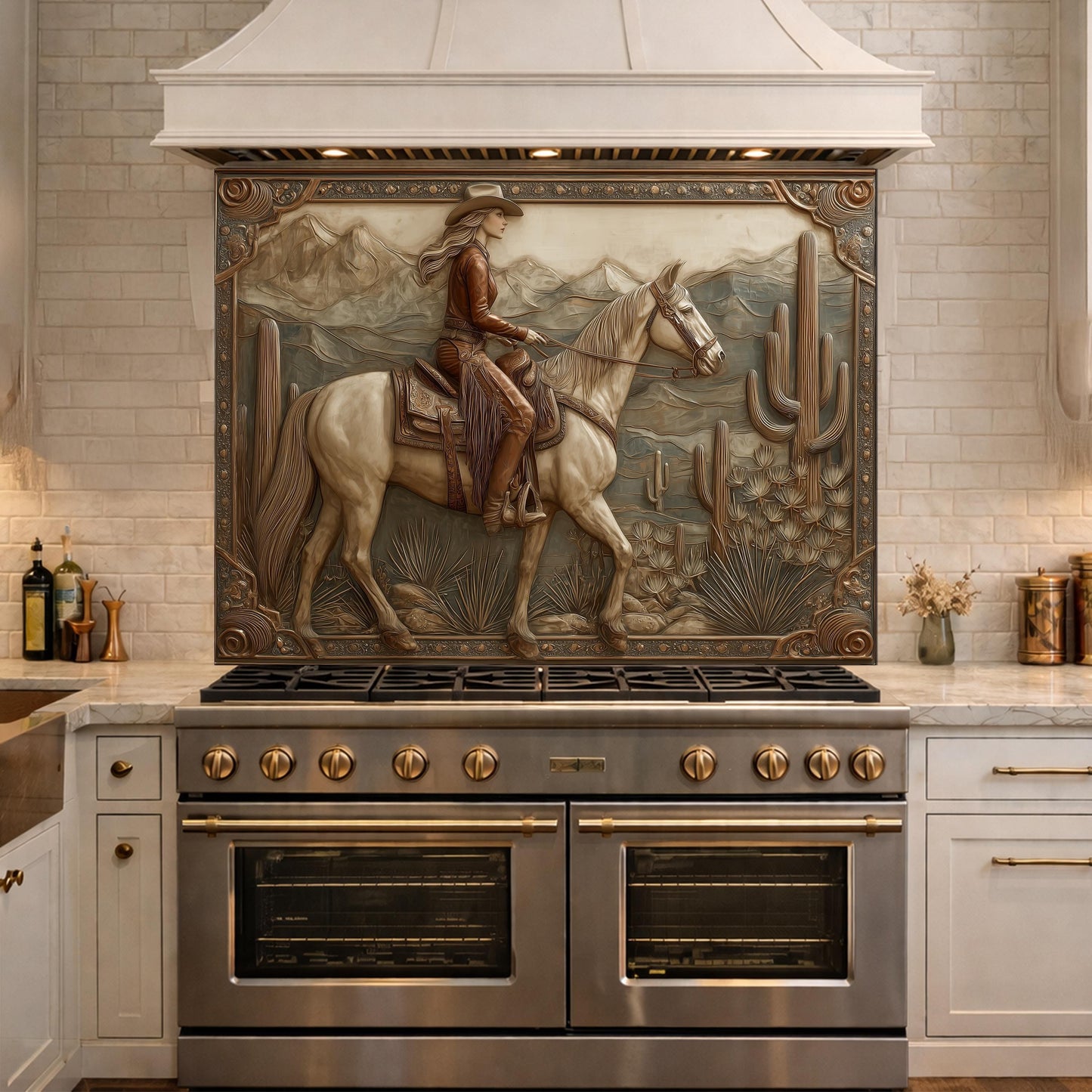 Desert Horse & Cowgirl Tempered Glass Backsplash, Copper Relief Look Wall Panel, Stove Guard