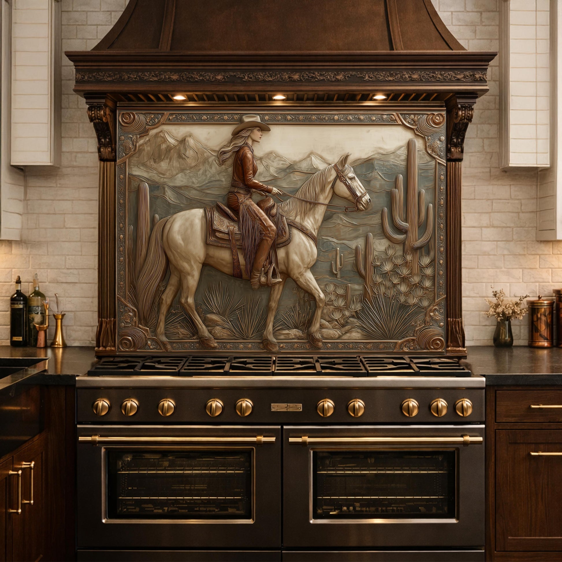 Desert Horse & Cowgirl Tempered Glass Backsplash, Copper Relief Look Wall Panel, Stove Guard