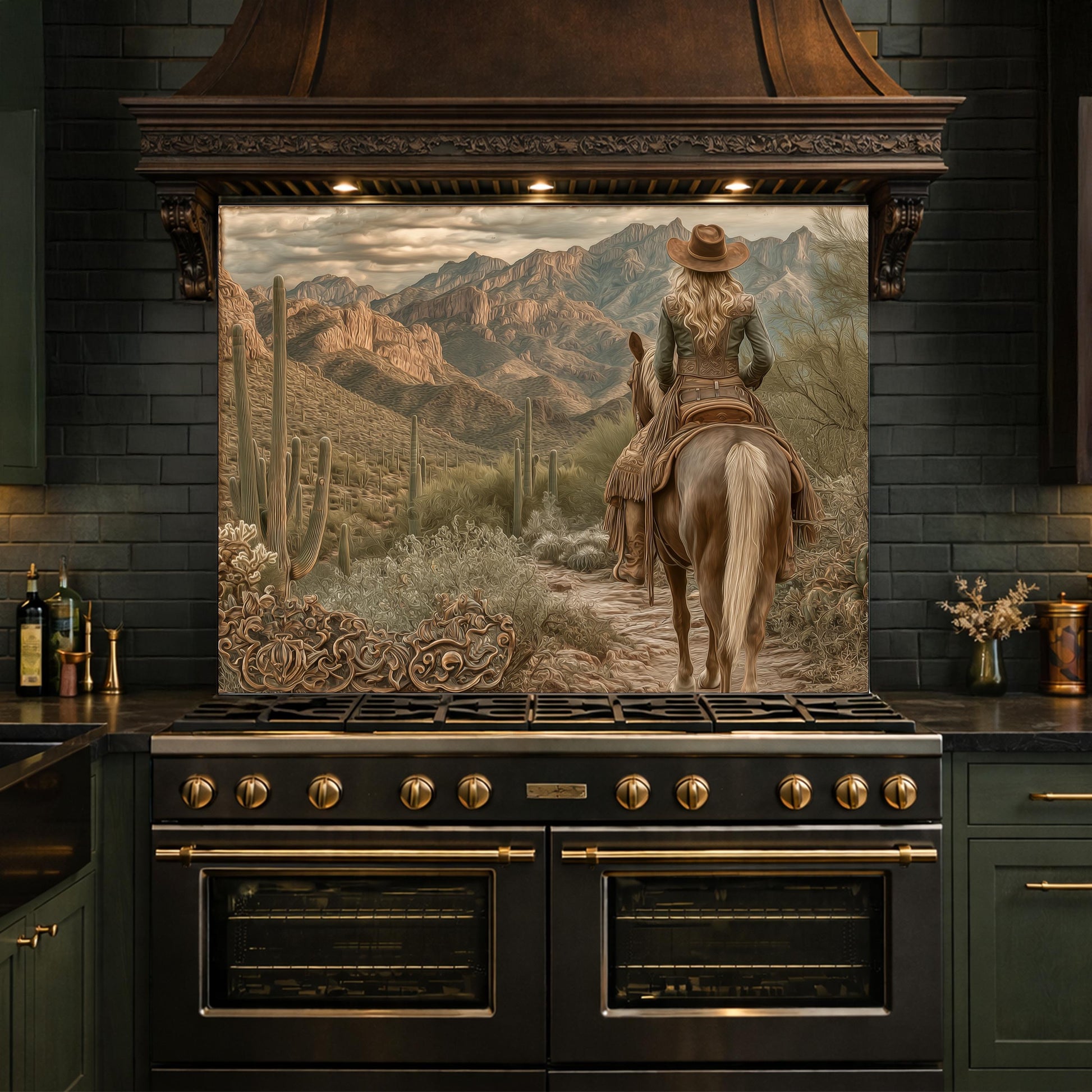 Western Cowgirl & Mountain Vista Tempered Glass Backsplash, Copper Relief Look Wall Panel, Stove Guard