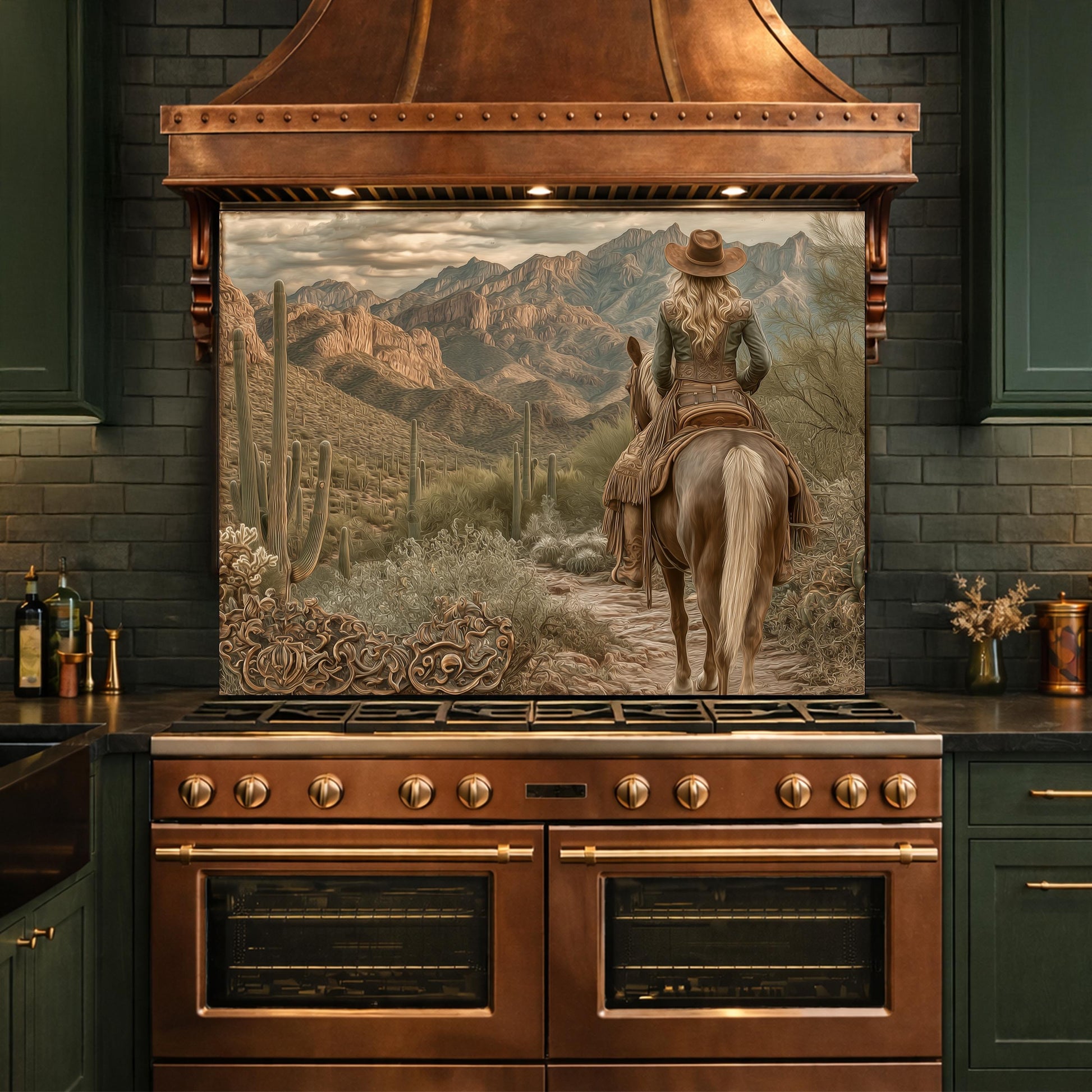 Western Cowgirl & Mountain Vista Tempered Glass Backsplash, Copper Relief Look Wall Panel, Stove Guard